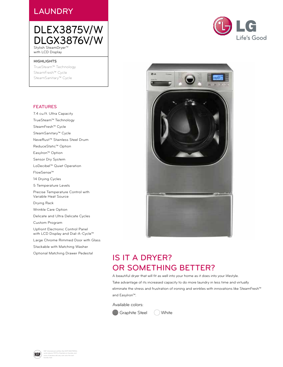 LG SteamDryer DLEX3875W User Manual | 2 pages