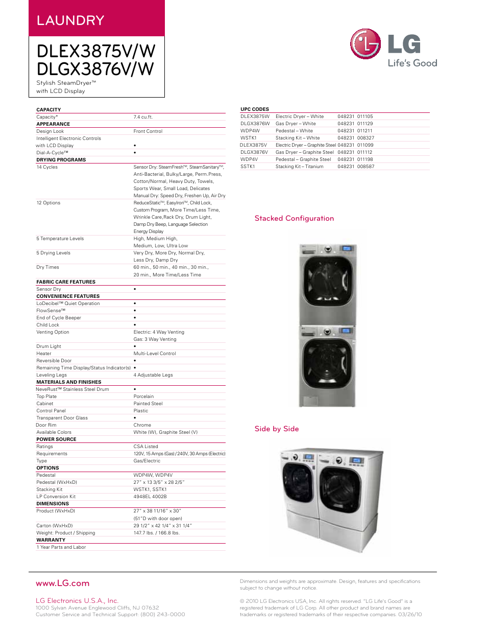 Laundry, Stacked configuration side by side, Lg electronics u.s.a., inc | LG SteamDryer DLEX3875W User Manual | Page 2 / 2