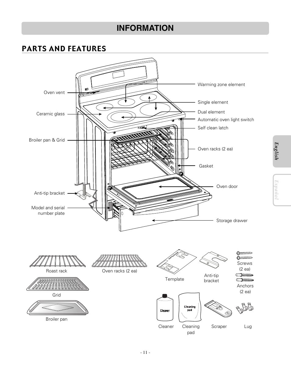 Information, Parts and features | LG LRE30451SW User Manual | Page 11 / 70