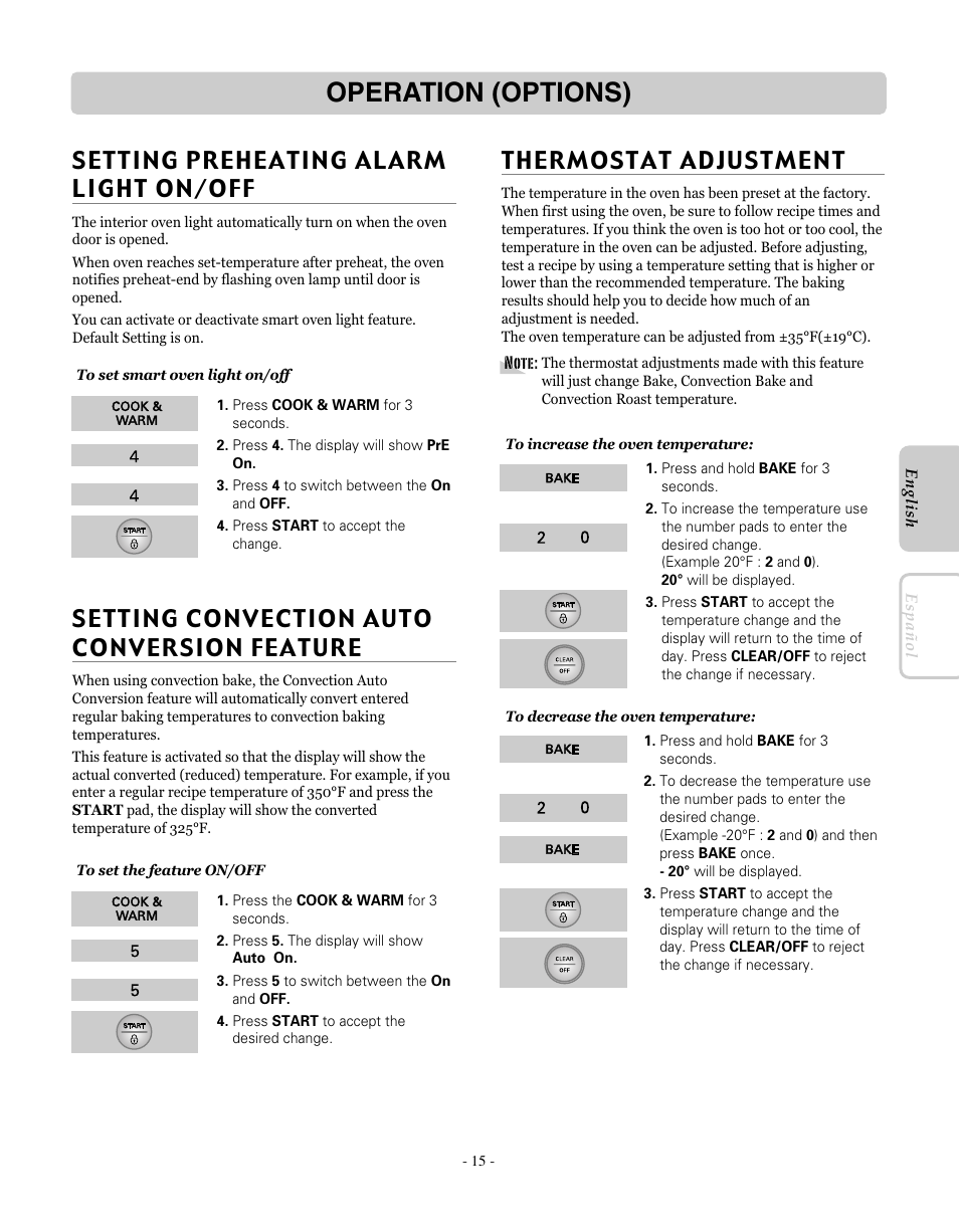 Operation (options), Setting preheating alarm light on / of f, Thermostat adjustment | Setting convection auto conversion feature | LG LRE30451SW User Manual | Page 15 / 70