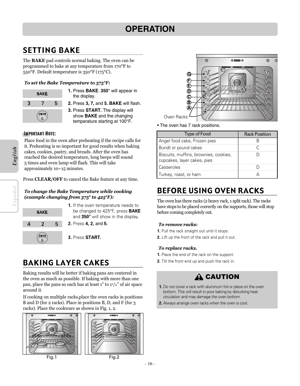 Operation, Baking layer cakes, Before using oven racks | Caution | LG LRE30451SW User Manual | Page 16 / 70