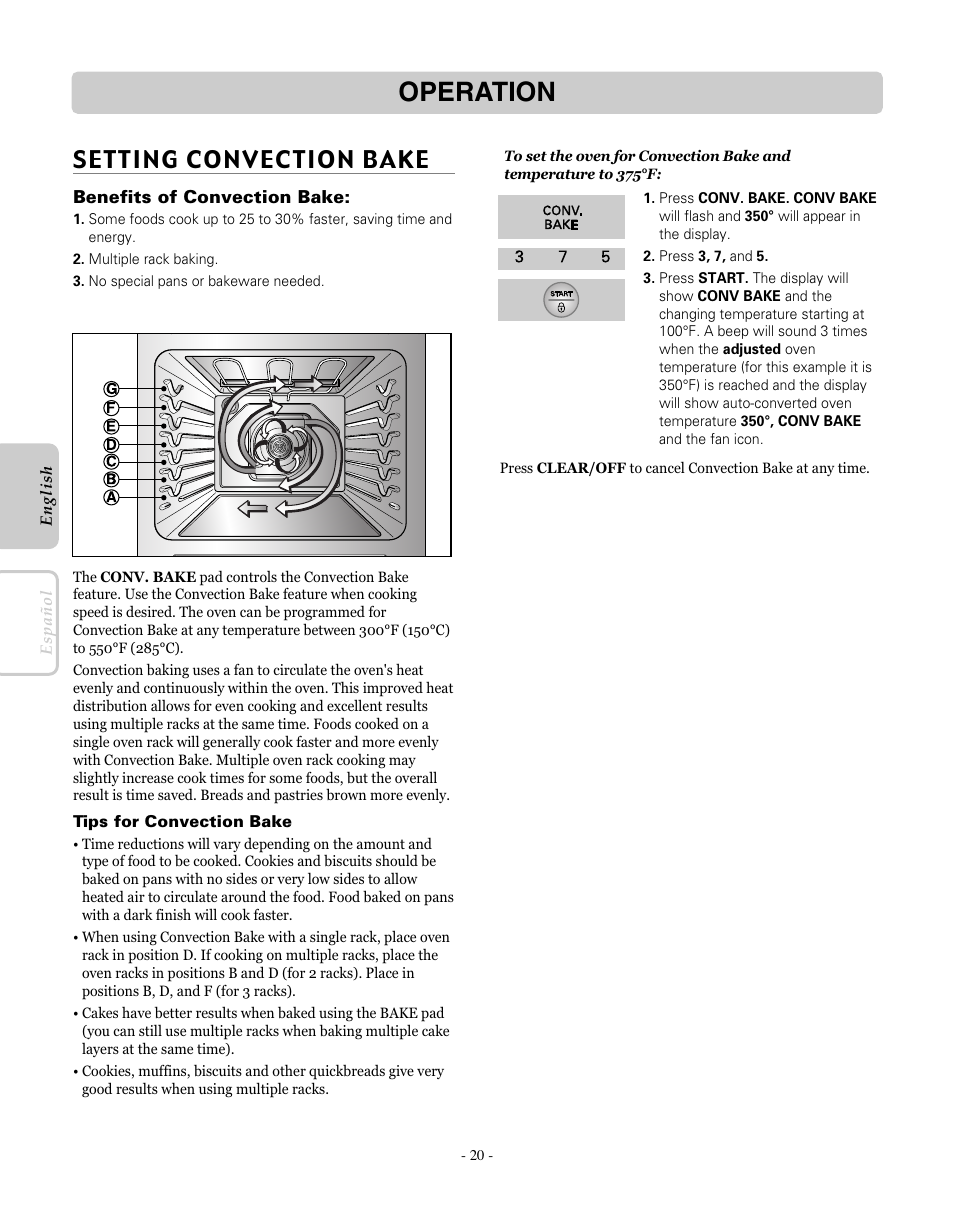 Operation, Setting convection bake | LG LRE30451SW User Manual | Page 20 / 70