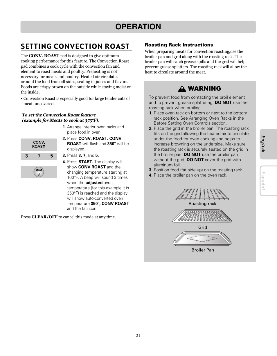 Operation, Setting convection roast, Warning | LG LRE30451SW User Manual | Page 21 / 70