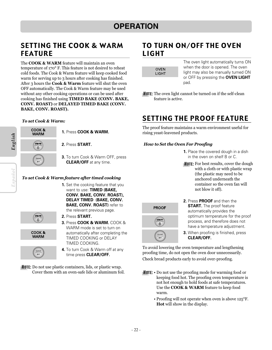 Operation, Setting the proof feature | LG LRE30451SW User Manual | Page 22 / 70