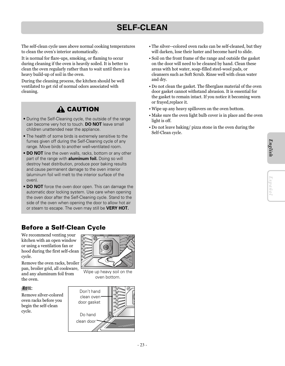 Self-clean, Before a self-clean cycle, Caution | LG LRE30451SW User Manual | Page 23 / 70