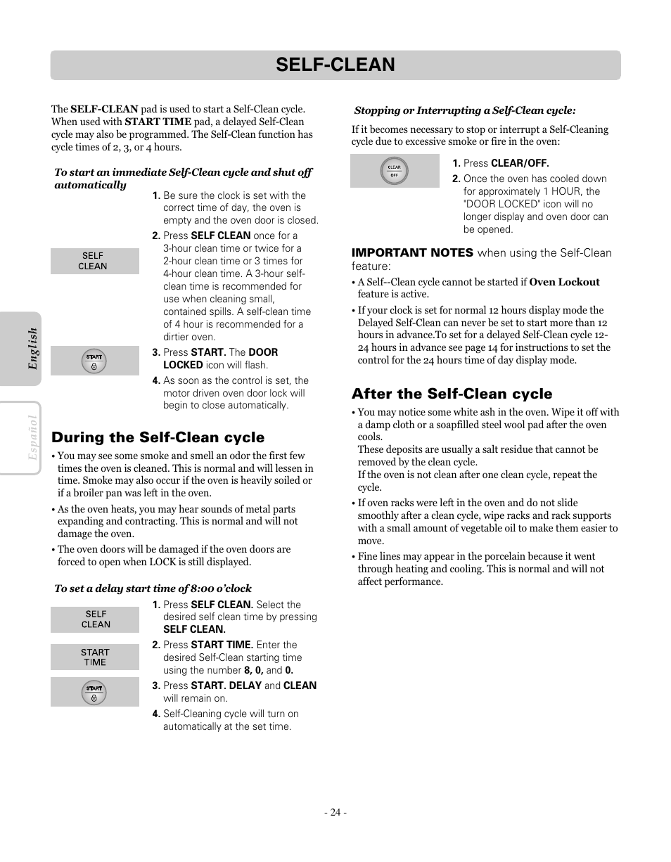 Self-clean, During the self-clean cycle, After the self-clean cycle | LG LRE30451SW User Manual | Page 24 / 70