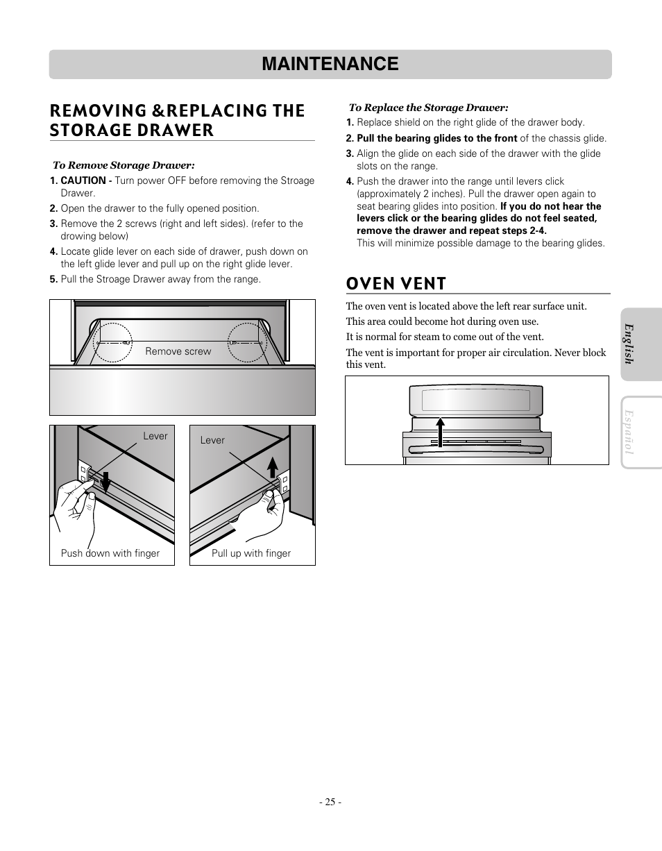 Maintenance, Removing &replacing the storage drawer | LG LRE30451SW User Manual | Page 25 / 70