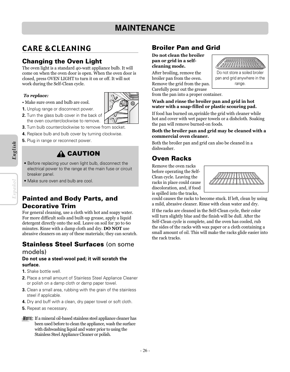 Maintenance, Care &cleaning, Changing the oven light | Painted and body parts, and decorative trim, Stainless steel surfaces (on some models), Broiler pan and grid, Oven racks, Caution | LG LRE30451SW User Manual | Page 26 / 70