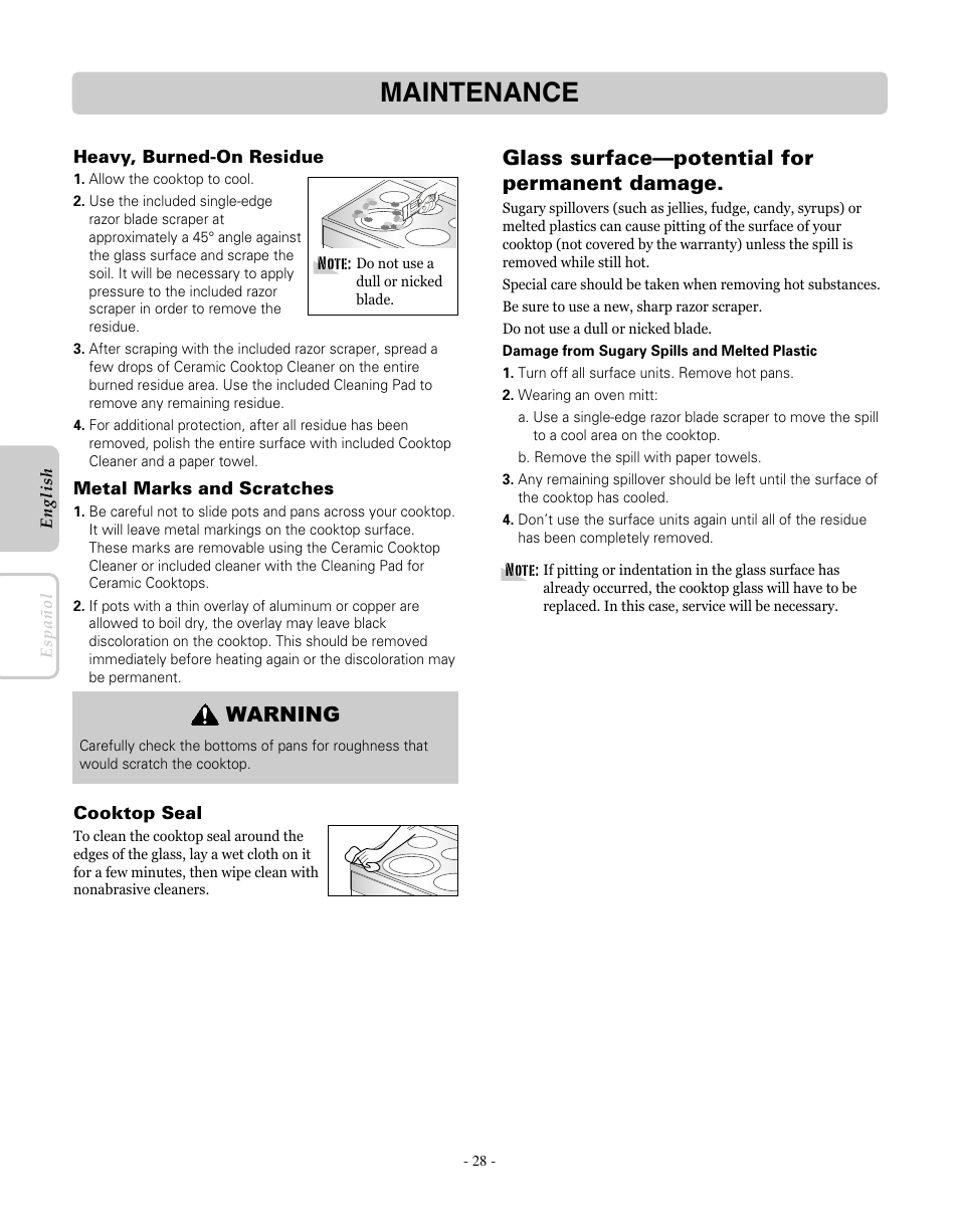 Maintenance, Glass surface—potential for permanent damage, Warning | LG LRE30451SW User Manual | Page 28 / 70