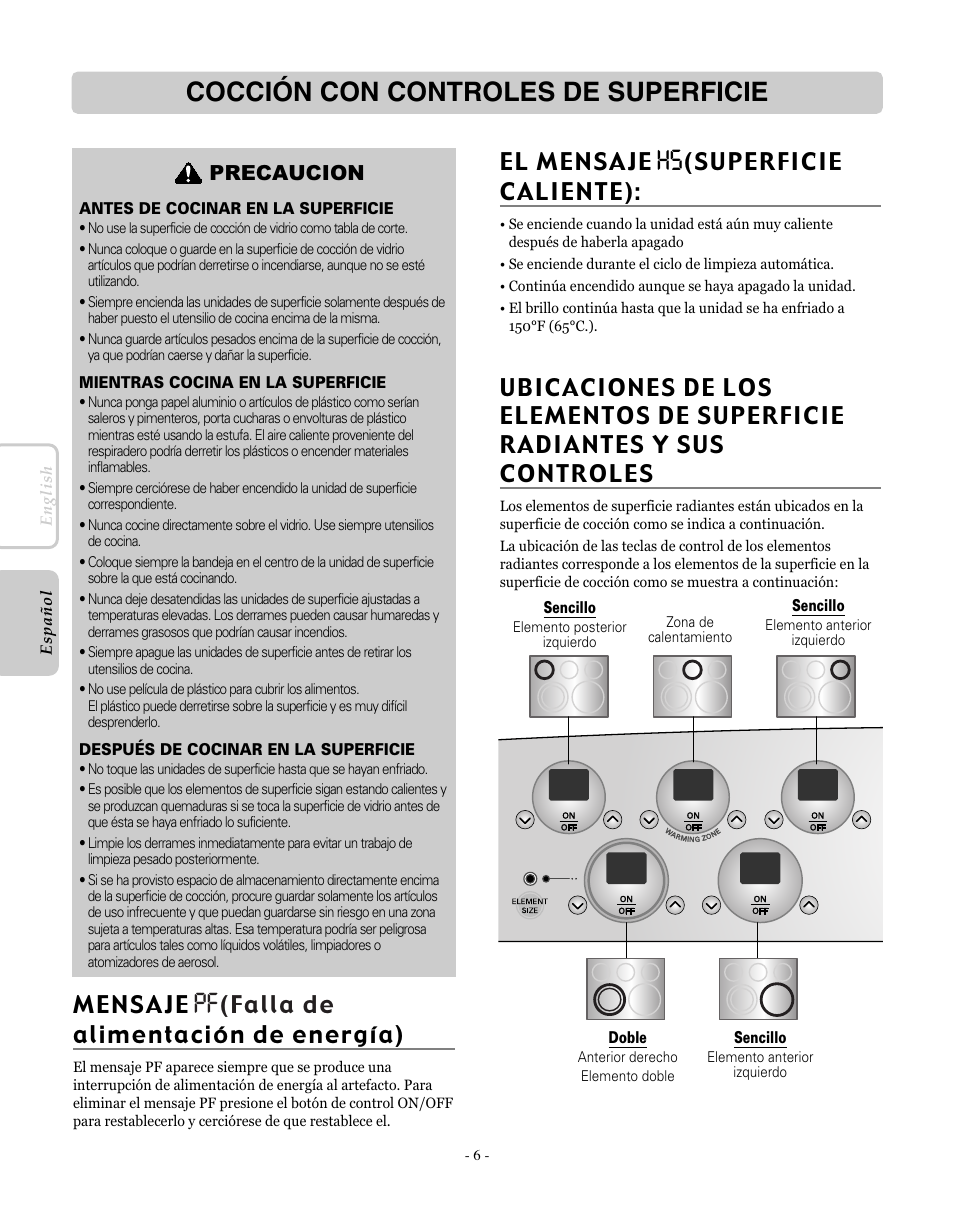 Cocción con controles de superficie, Precaucion | LG LRE30451SW User Manual | Page 42 / 70