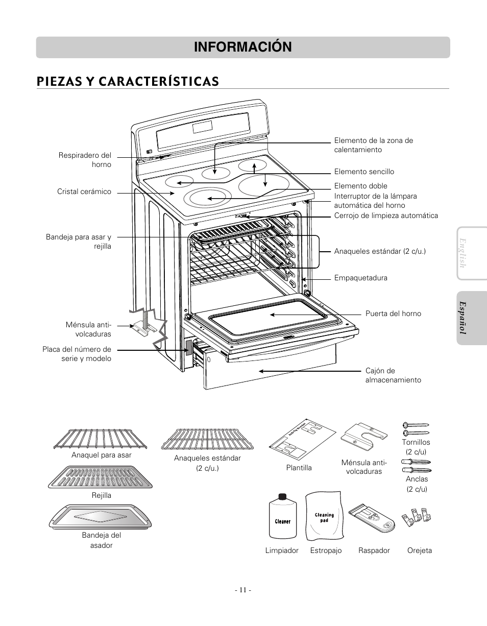 Información, Piezas y características | LG LRE30451SW User Manual | Page 47 / 70