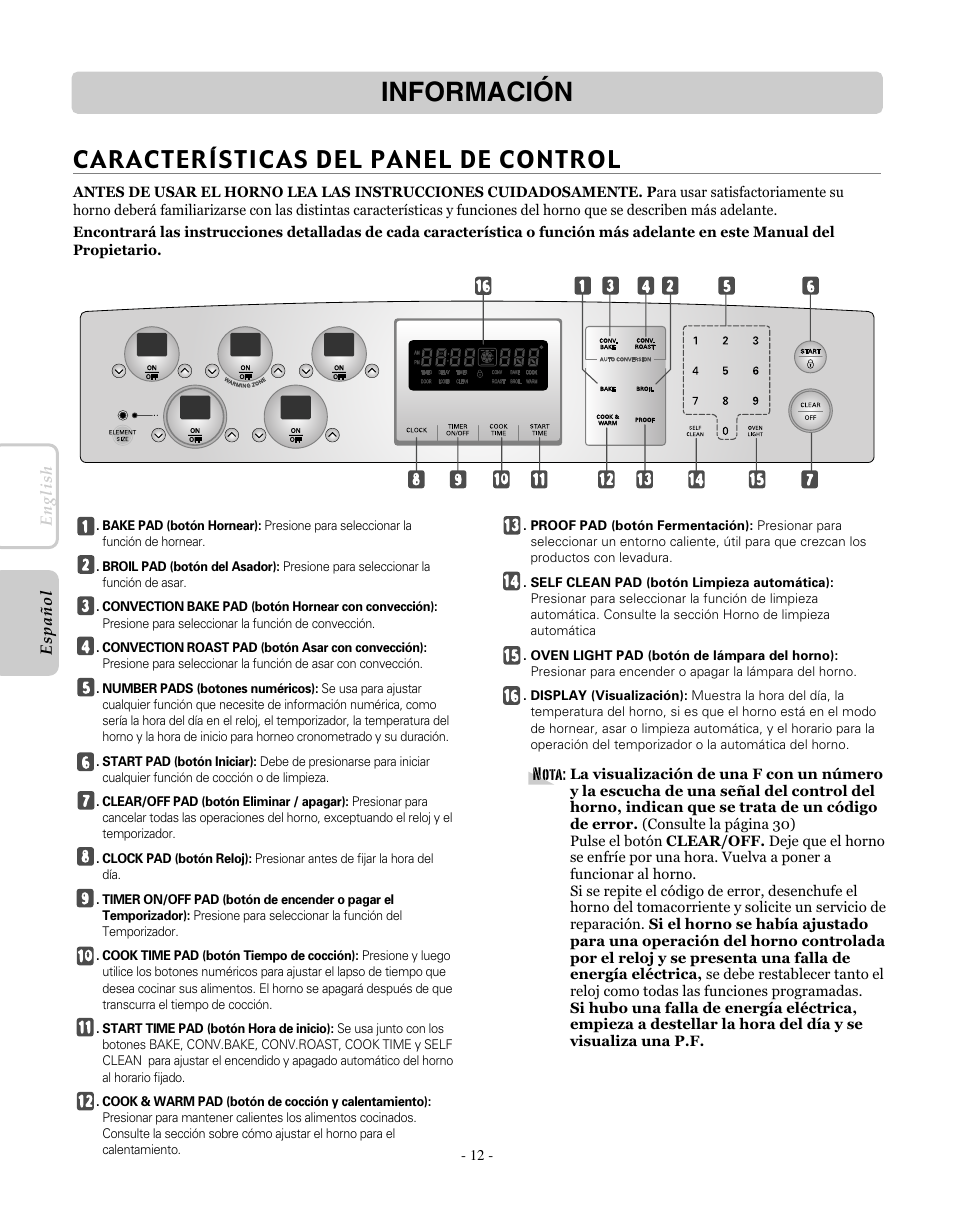 Información, Características del panel de control | LG LRE30451SW User Manual | Page 48 / 70