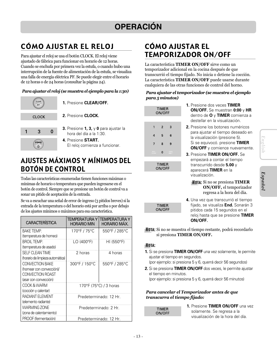 Operación, Cómo ajustar el reloj, Ajustes máximos y mínimos del botón de control | Cómo ajustar el temporizador on/off | LG LRE30451SW User Manual | Page 49 / 70