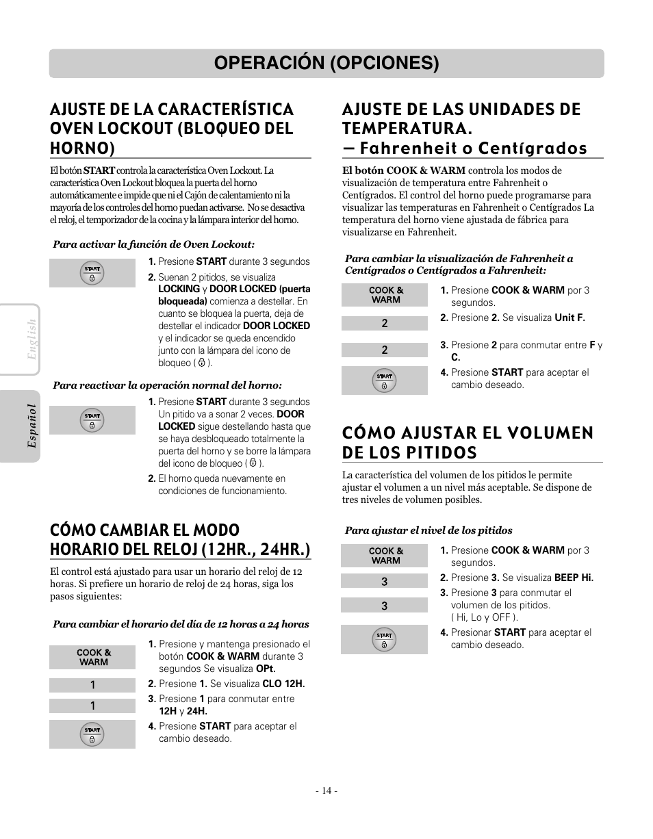 Operación (opciones), Cómo ajustar el volumen de l0s pitidos | LG LRE30451SW User Manual | Page 50 / 70