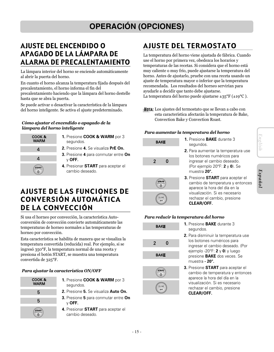 Operación (opciones), Ajuste del termostato | LG LRE30451SW User Manual | Page 51 / 70
