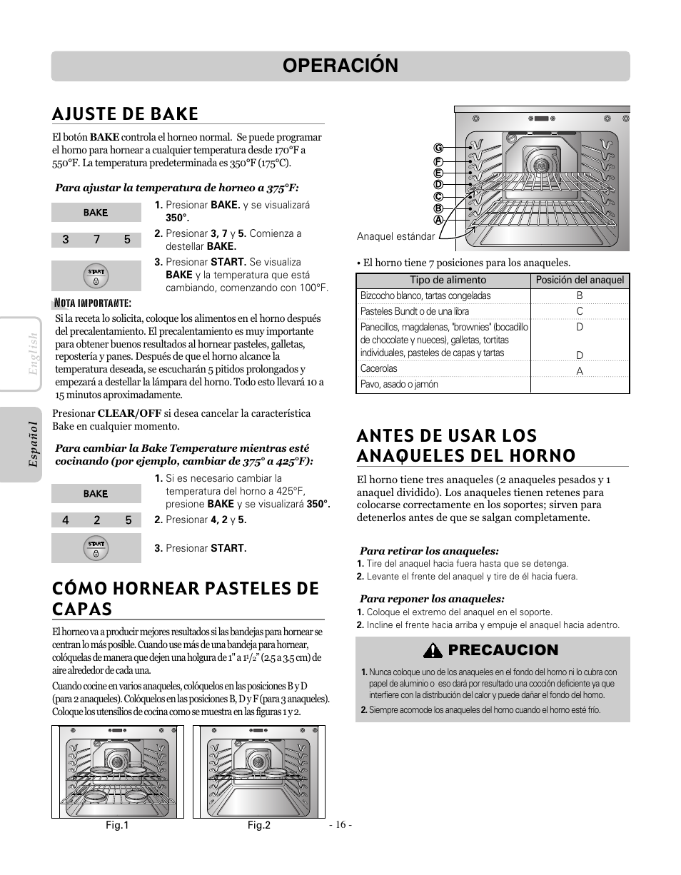 Operación, Ajuste de bake, Cómo hornear pasteles de capas | Antes de usar los anaqueles del horno, Precaucion | LG LRE30451SW User Manual | Page 52 / 70