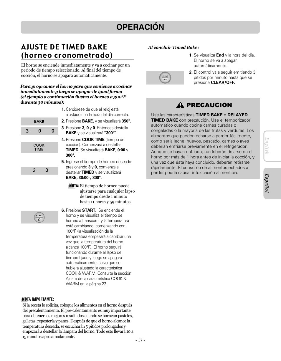 Operación, Ajuste de timed bake (horneo cronometrado), Precaucion | LG LRE30451SW User Manual | Page 53 / 70