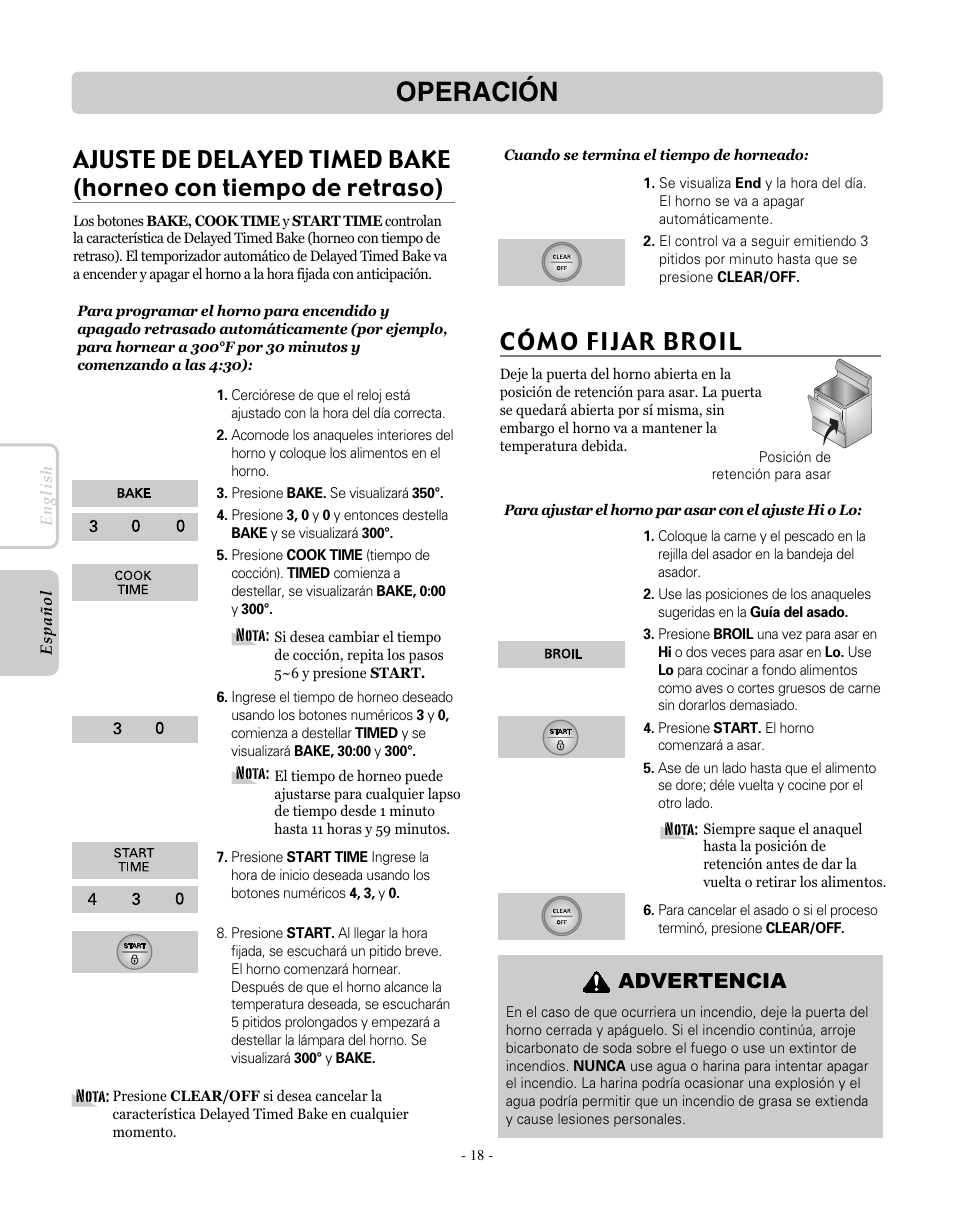 Operación, Cómo fijar broil, Advertencia | LG LRE30451SW User Manual | Page 54 / 70