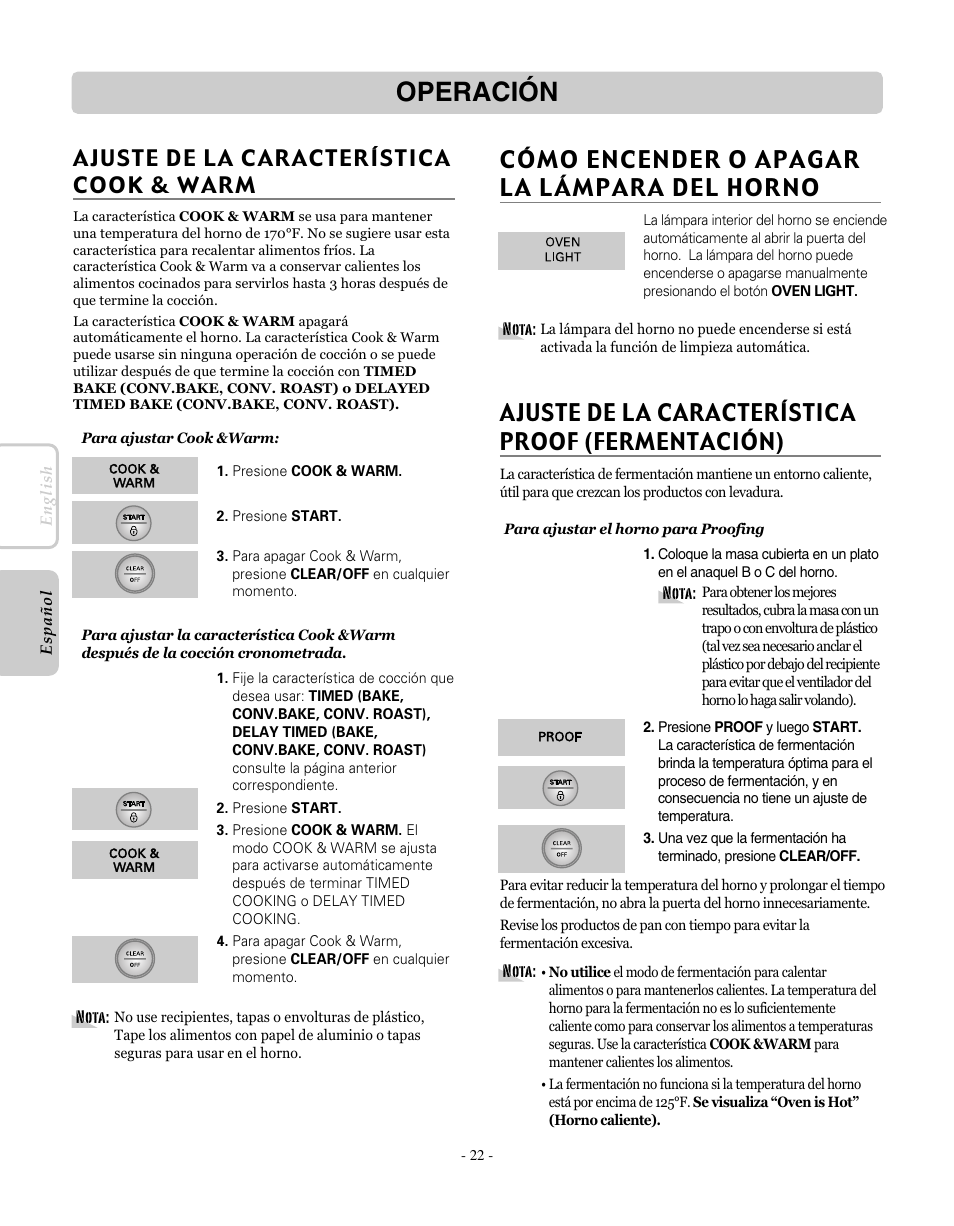Operación, Cómo encender o apagar la lámpara del horno, Ajuste de la característica proof (fermentación) | LG LRE30451SW User Manual | Page 58 / 70