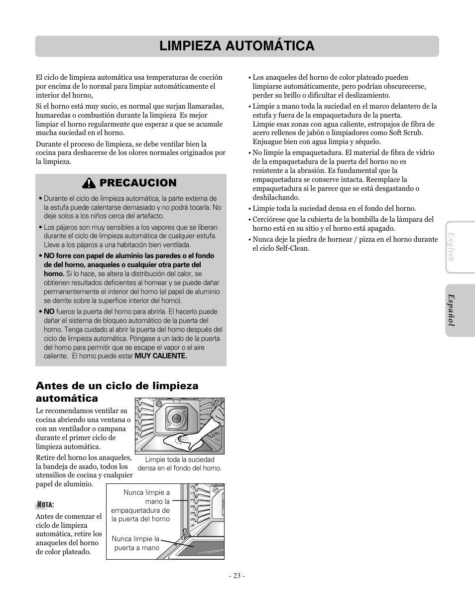 Limpieza automática, Antes de un ciclo de limpieza automática, Precaucion | LG LRE30451SW User Manual | Page 59 / 70