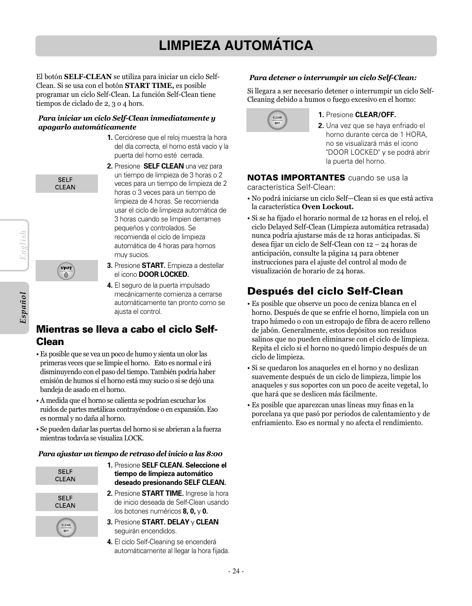 Limpieza automática, Mientras se lleva a cabo el ciclo self- clean, Después del ciclo self-clean | LG LRE30451SW User Manual | Page 60 / 70