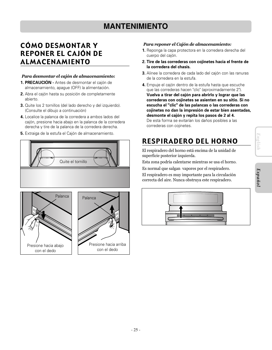 Mantenimiento, Respiradero del horno | LG LRE30451SW User Manual | Page 61 / 70