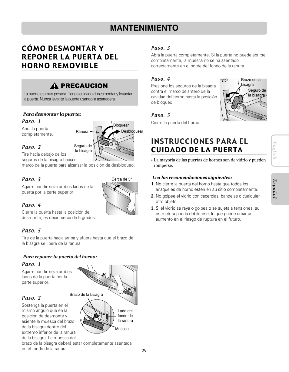 Mantenimiento, Instrucciones para el cuidado de la puerta, Precaucion | LG LRE30451SW User Manual | Page 65 / 70