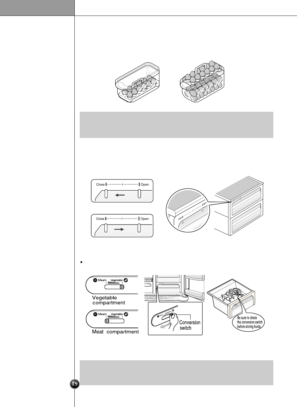 Humidity control in the vegetable compartment, Convert into a vegetable or meat compartment, Egg box | Operation | LG LRSC21935TT User Manual | Page 19 / 31