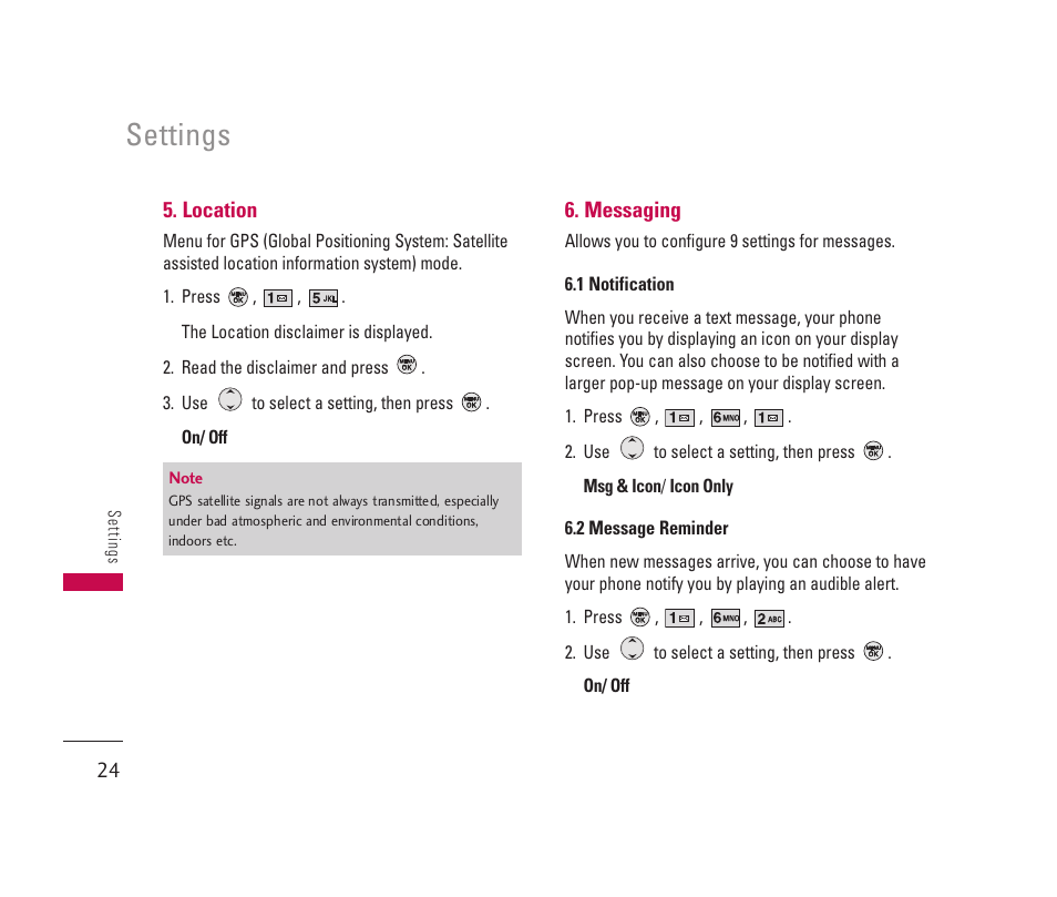 Settings | LG 150 User Manual | Page 25 / 76