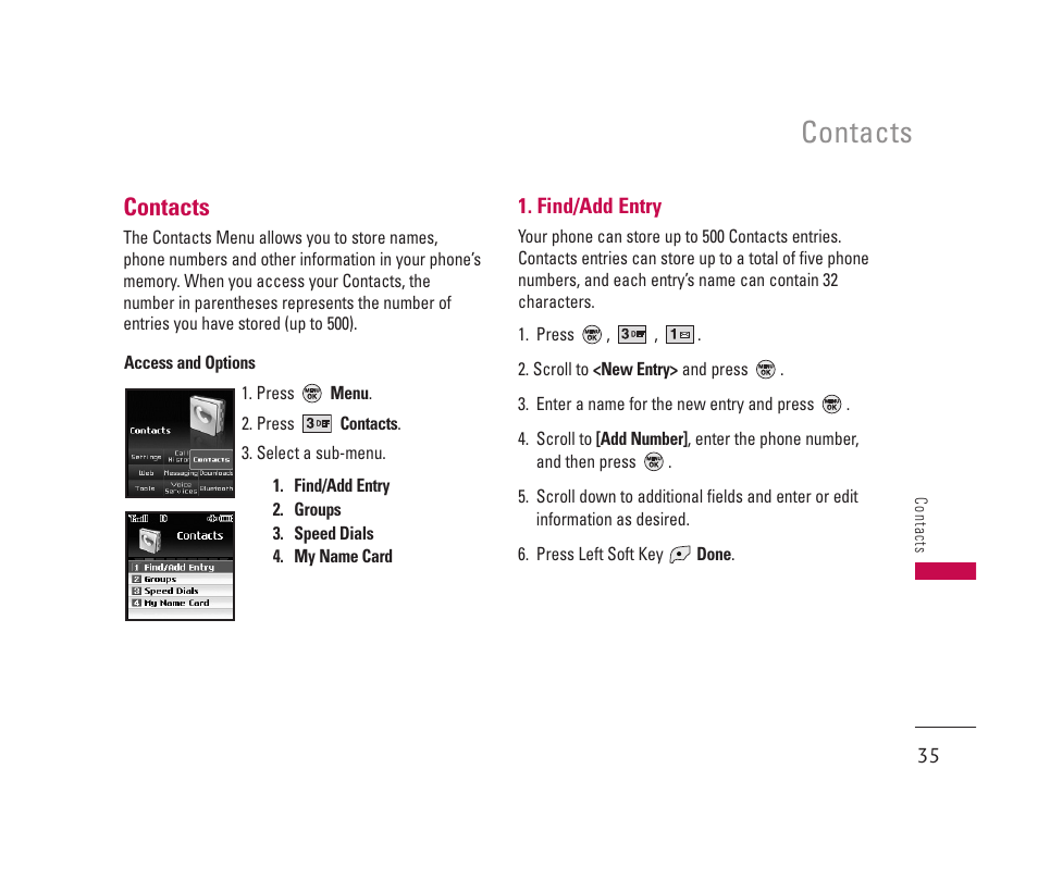 Contacts | LG 150 User Manual | Page 36 / 76