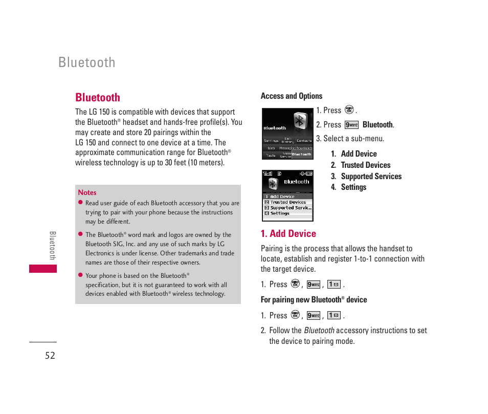 Bluetooth, Add device | LG 150 User Manual | Page 53 / 76