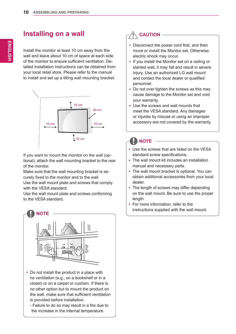 Installing on a wall, 10 installing on a wall | LG 47WV30-BAAM User Manual | Page 10 / 80
