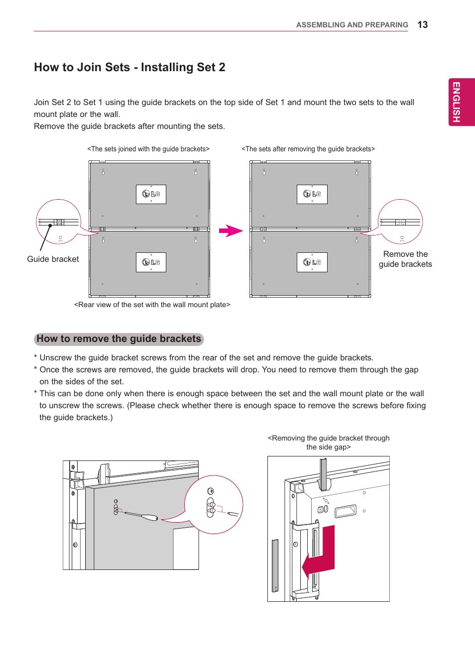How to join sets - installing set 2 | LG 47WV30-BAAM User Manual | Page 13 / 80