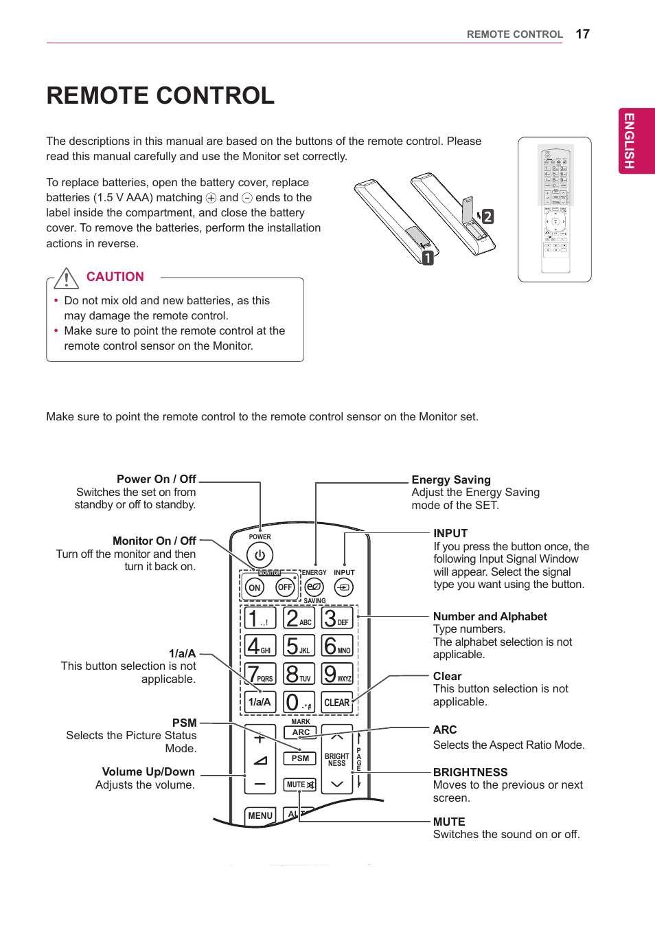 Remote control, English, Caution | 1/a/a, Clear, Monitor | LG 47WV30-BAAM User Manual | Page 17 / 80