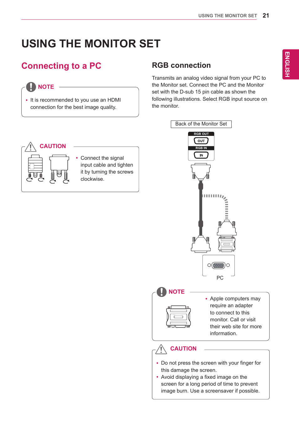 Using the monitor set, Connecting to a pc, Rgb connection | 21 connecting to a pc 21 | LG 47WV30-BAAM User Manual | Page 21 / 80