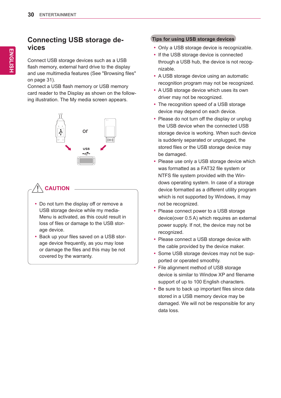 Connecting usb storage devices, Connecting usb storage de- vices | LG 47WV30-BAAM User Manual | Page 30 / 80