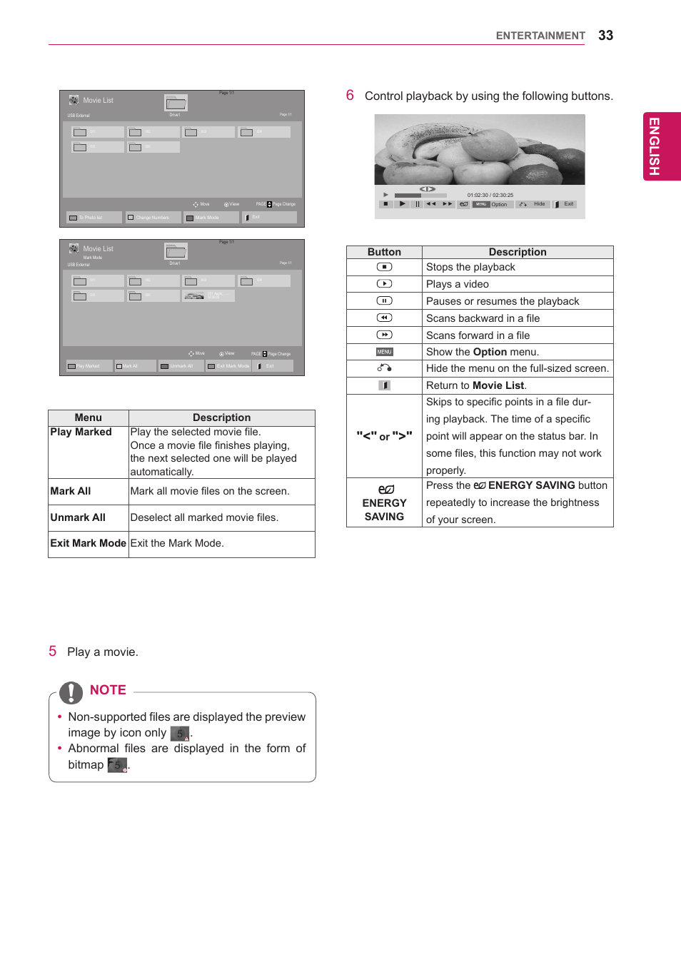 English, Play a movie, Control playback by using the following buttons | LG 47WV30-BAAM User Manual | Page 33 / 80