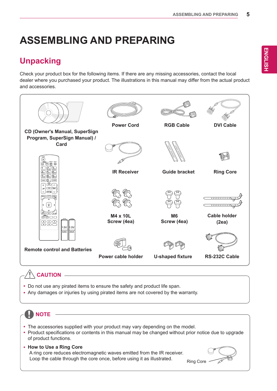 Assembling and preparing, Unpacking, Assembling and | Preparing, English | LG 47WV30-BAAM User Manual | Page 5 / 80