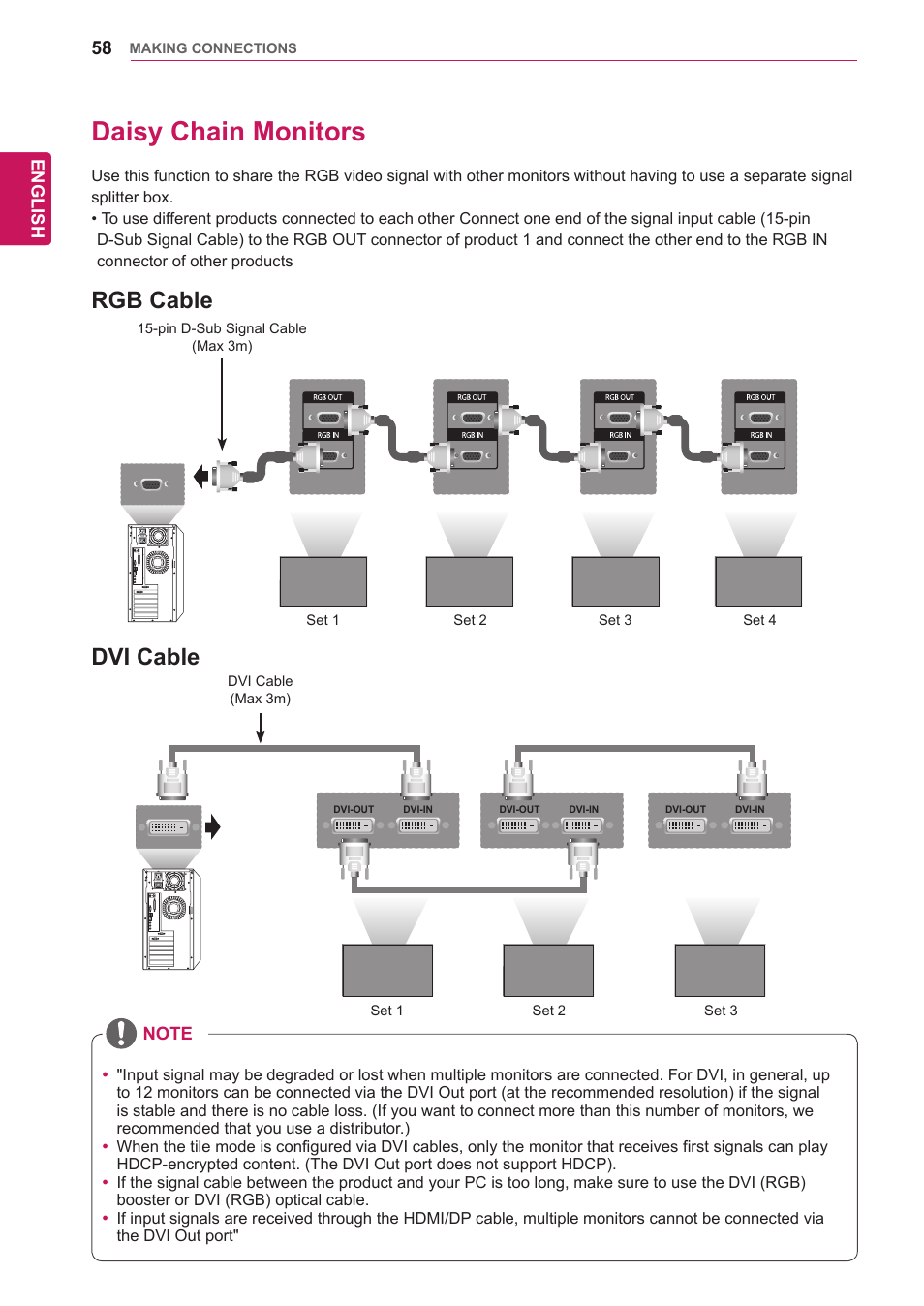 Daisy chain monitors, Rgb cable, Dvi cable | 58 daisy chain monitors 58 | LG 47WV30-BAAM User Manual | Page 58 / 80