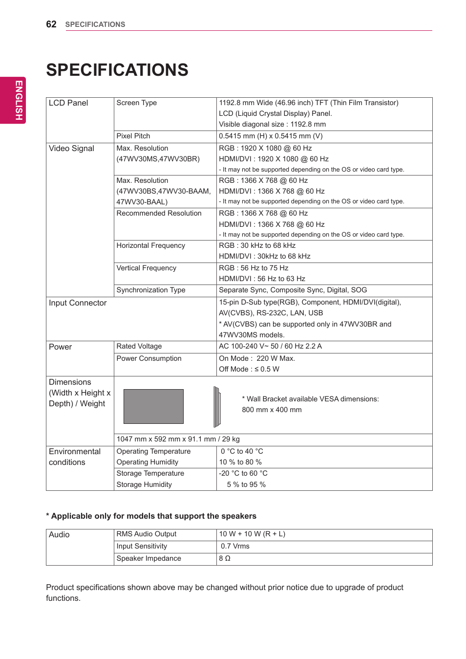 Specifications | LG 47WV30-BAAM User Manual | Page 62 / 80