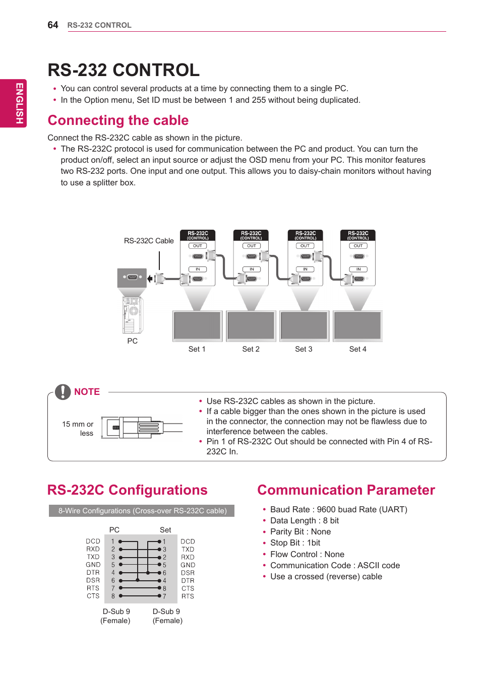 Rs-232 control, Connecting the cable, Communication parameter | Rs-232c configurations | LG 47WV30-BAAM User Manual | Page 64 / 80