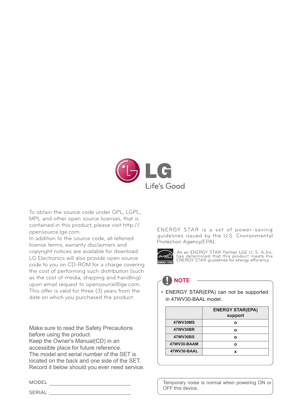 LG 47WV30-BAAM User Manual | Page 80 / 80
