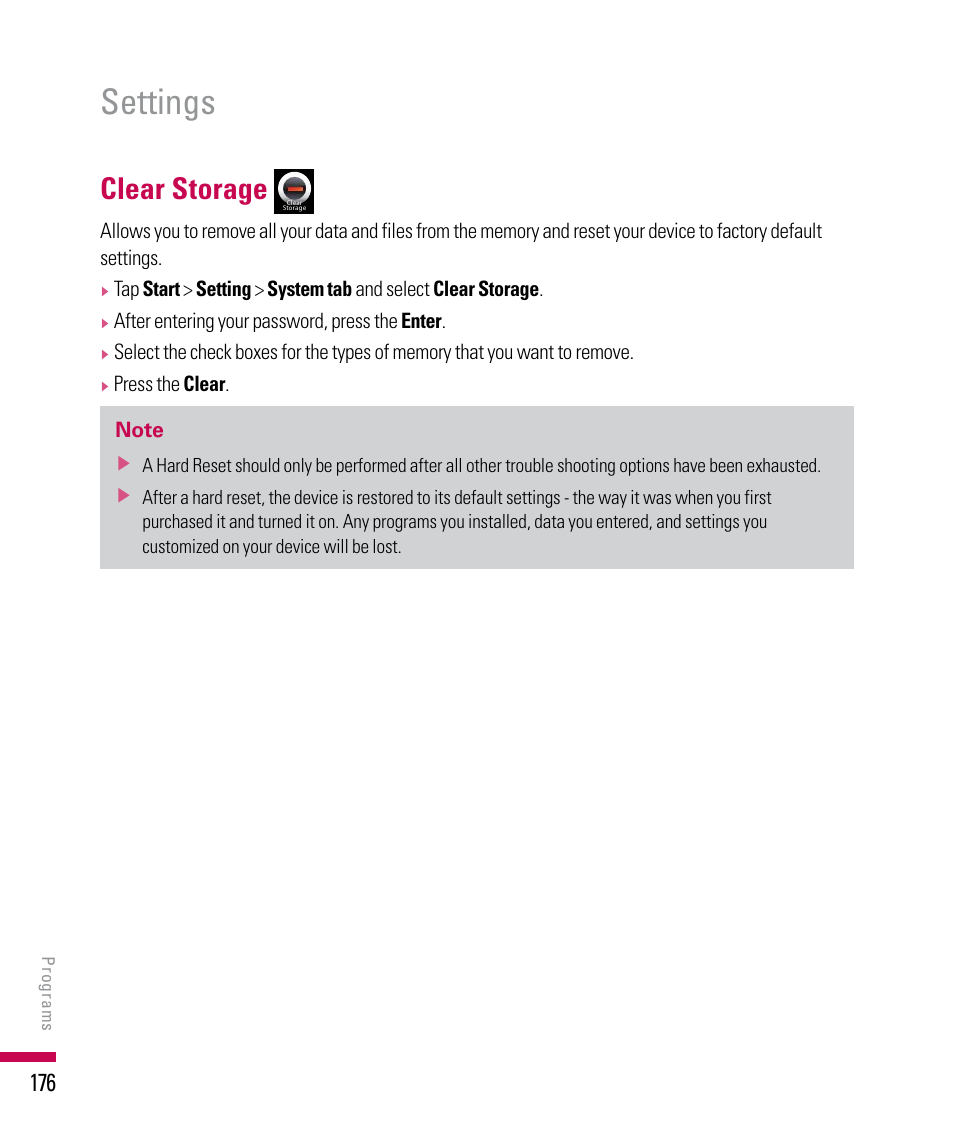 Settings, Clear storage | LG PDA User Manual | Page 176 / 195