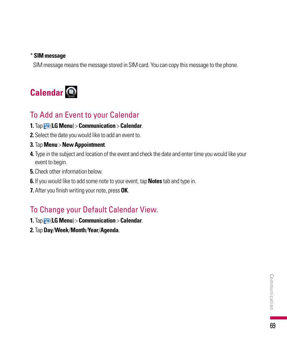 Calendar | LG PDA User Manual | Page 69 / 195