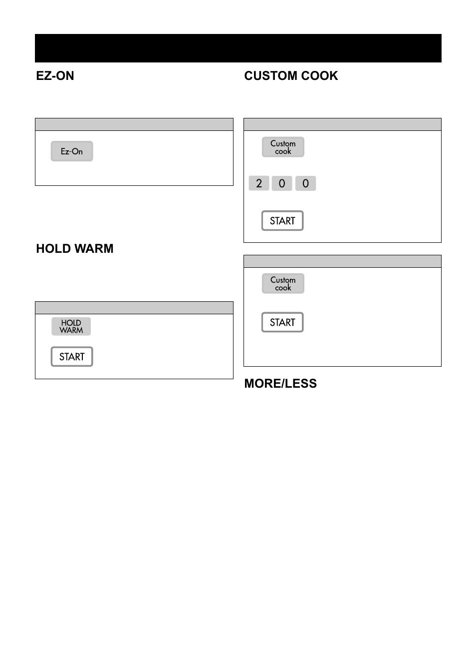 Operation, Ez-on, Hold warm | Custom cook, More/less | LG LMV1976ST User Manual | Page 12 / 32