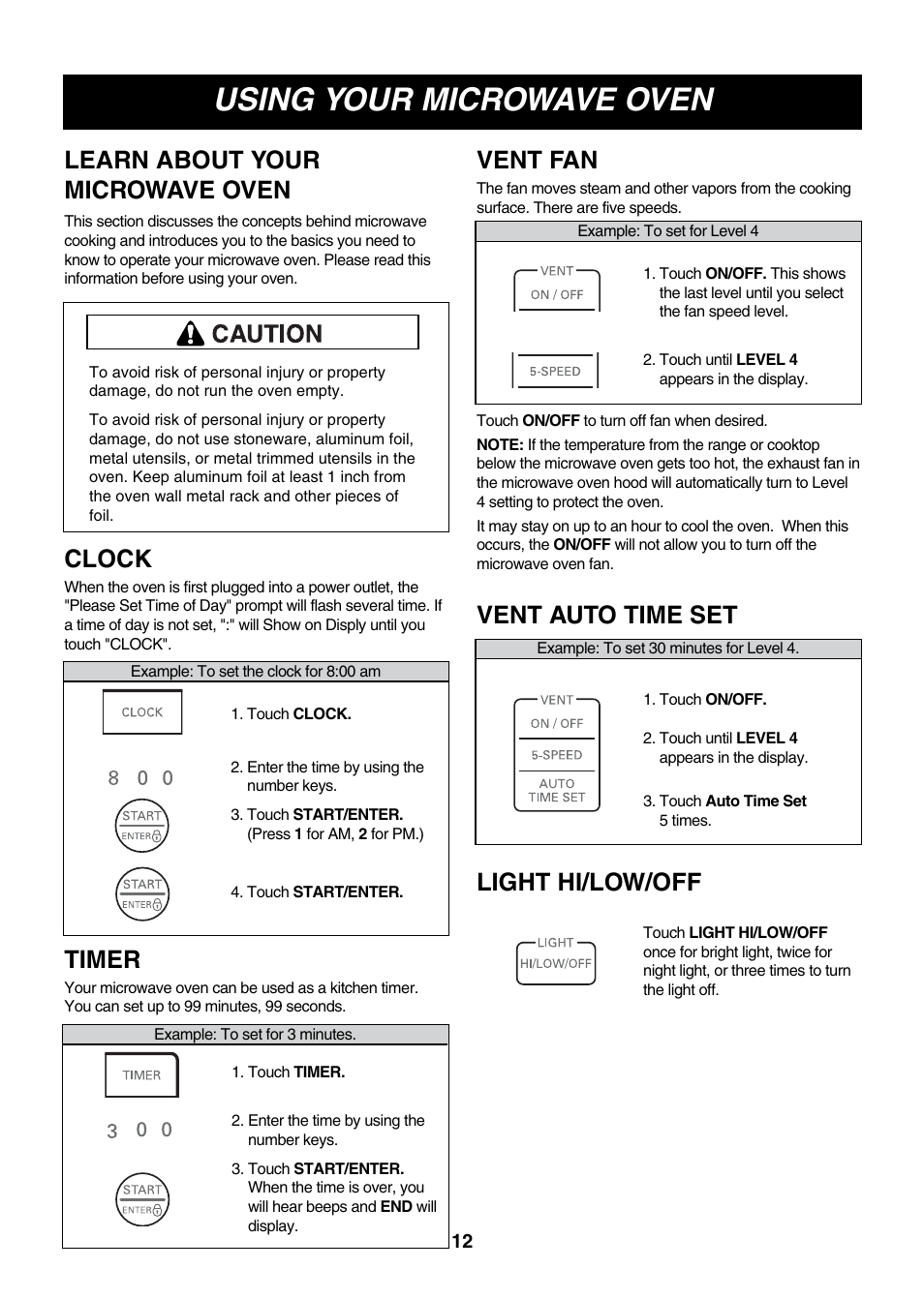 Using your microwave oven, Learn about your microwave oven, Clock | Vent fan, Timer, Vent auto time set, Light hi/low/off | LG LMVM2075ST User Manual | Page 12 / 36