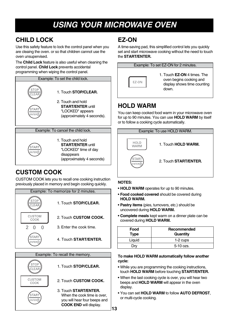 Using your microwave oven, Child lock, Ez-on | Hold warm, Custom cook | LG LMVM2075ST User Manual | Page 13 / 36