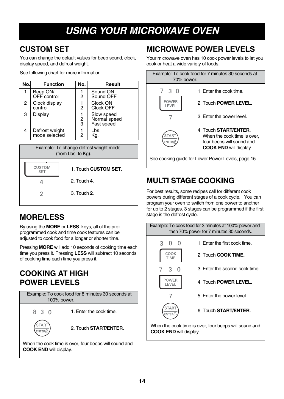 Using your microwave oven, Custom set more/less, Cooking at high power levels | Microwave power levels, Multi stage cooking | LG LMVM2075ST User Manual | Page 14 / 36