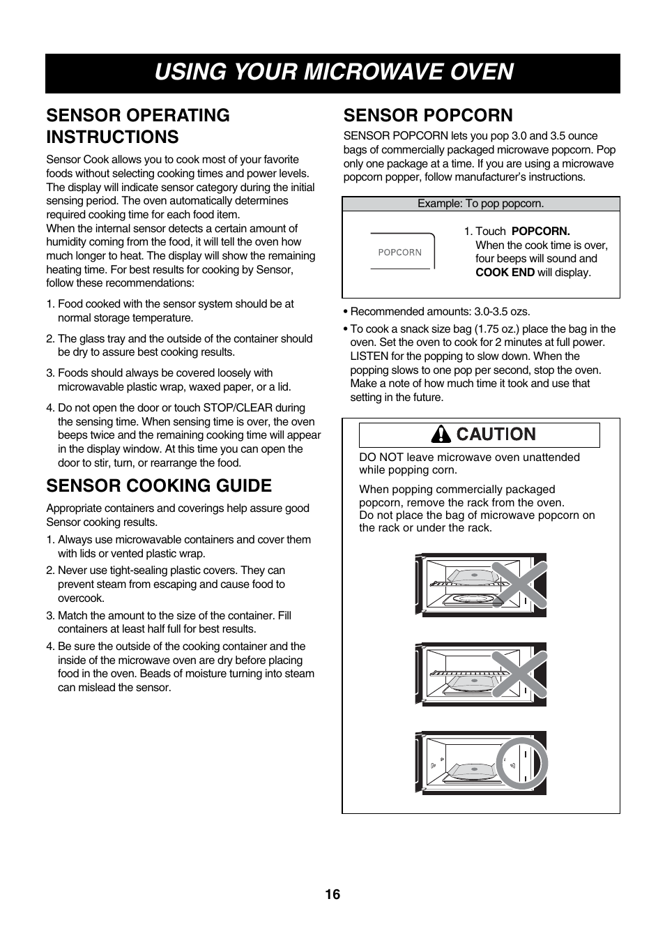 Using your microwave oven, Sensor popcorn sensor operating instructions, Sensor cooking guide | LG LMVM2075ST User Manual | Page 16 / 36