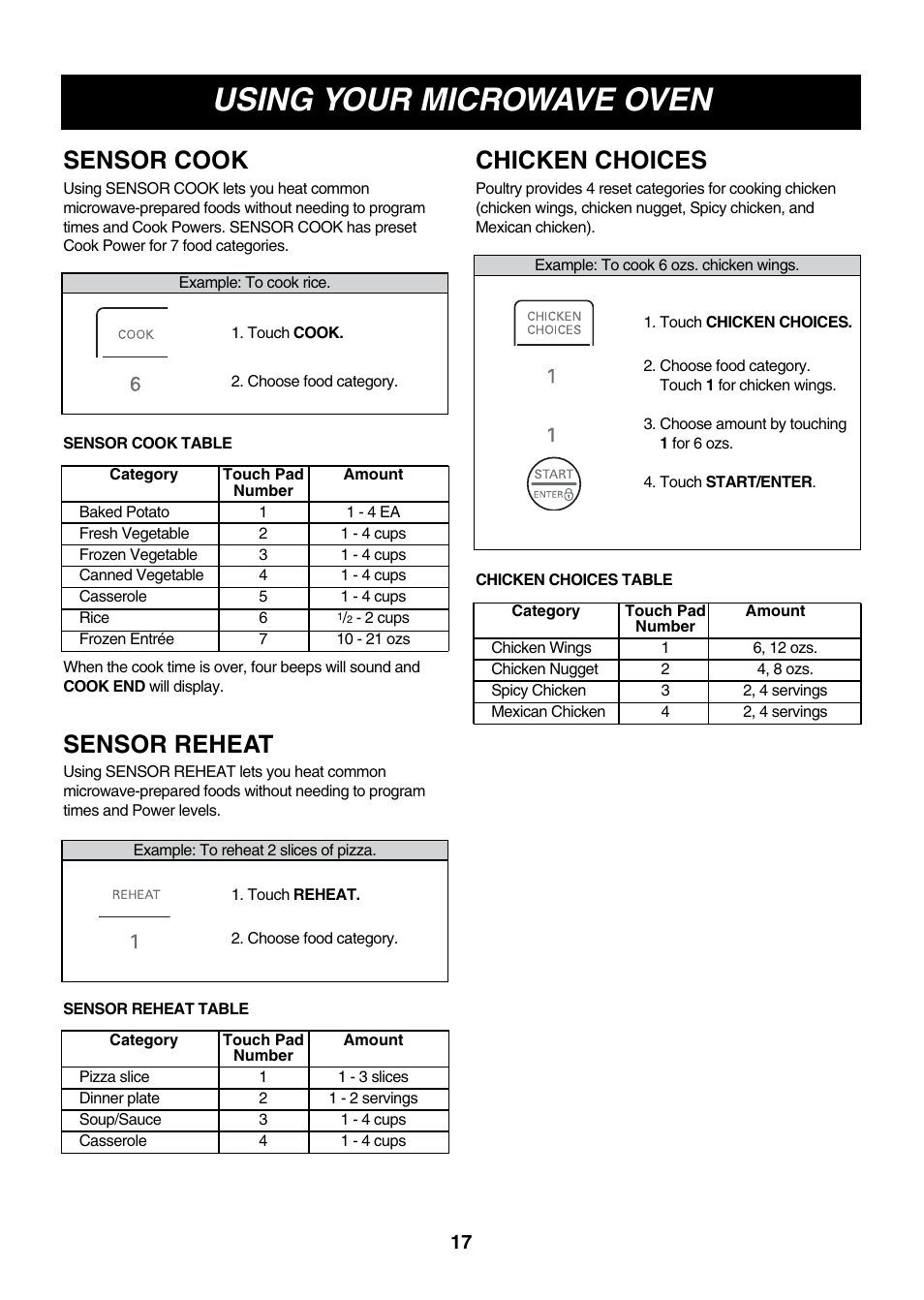 Using your microwave oven, Sensor cook, Sensor reheat | Chicken choices | LG LMVM2075ST User Manual | Page 17 / 36